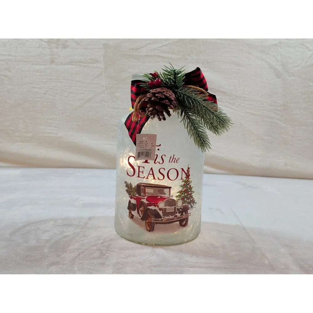 Gerson International Lighted Frosted Glass Christmas Luminary Jar Tis the Season